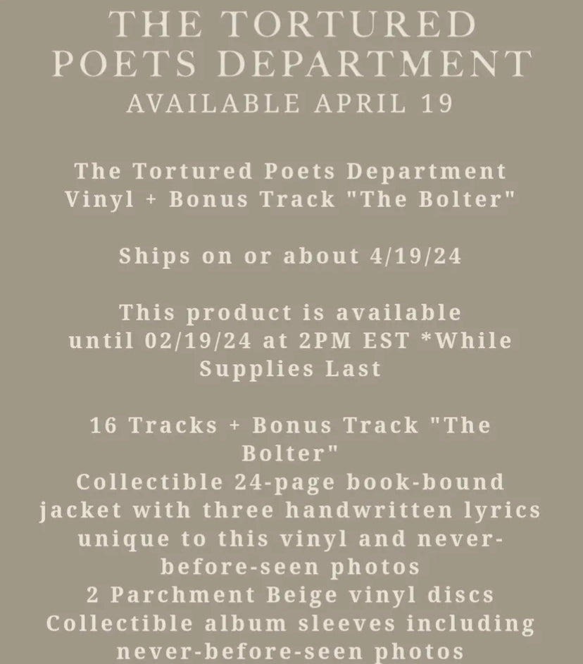 Taylor Swift - The Tortured Poets VINYL With Bonus Track “The Bolter” Preorder - Spin City Records